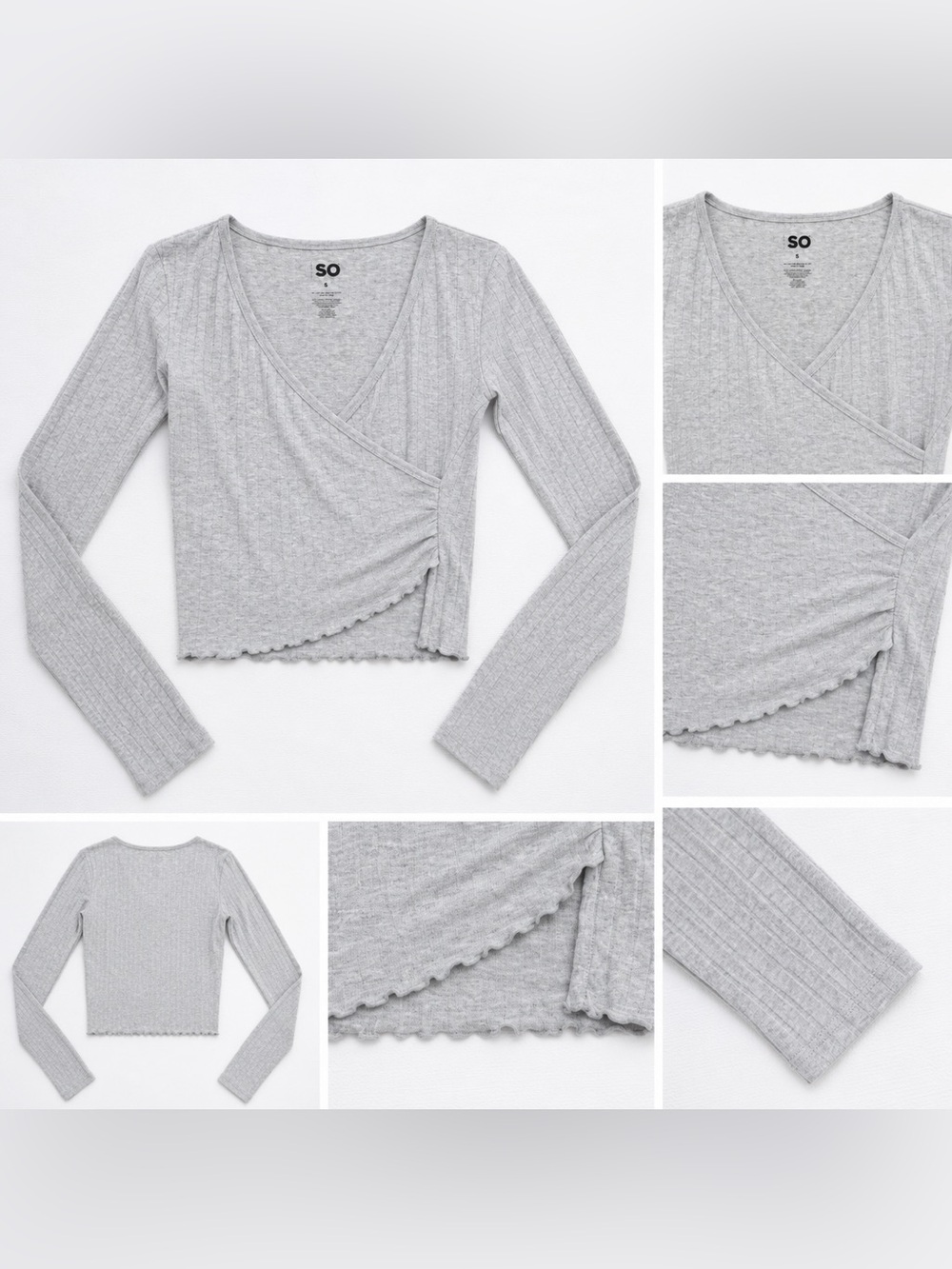 SO gray long sleeve wrap crop top size small EUC